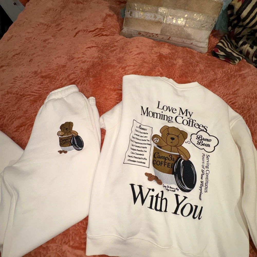 White Coffee Bear Sweatshirt and Pants Set